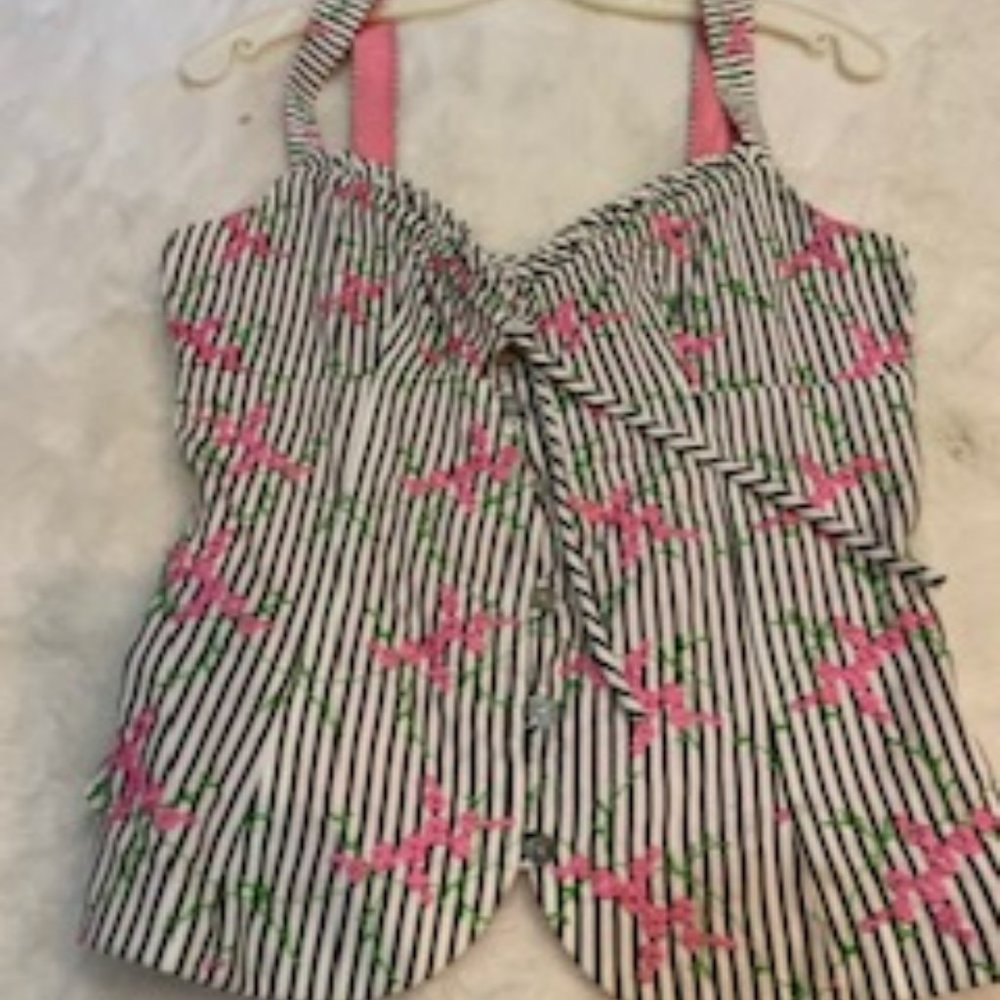 Nanette Lepore wht/blk/pnk cotton tank blouse 8